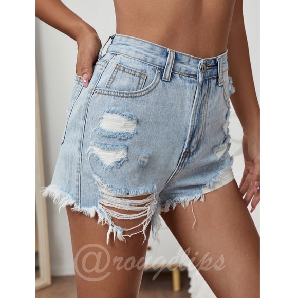 Light Wash Blue Denim Shorts Distressed Ripped High Waist Raw Hem - Picture 4 of 10